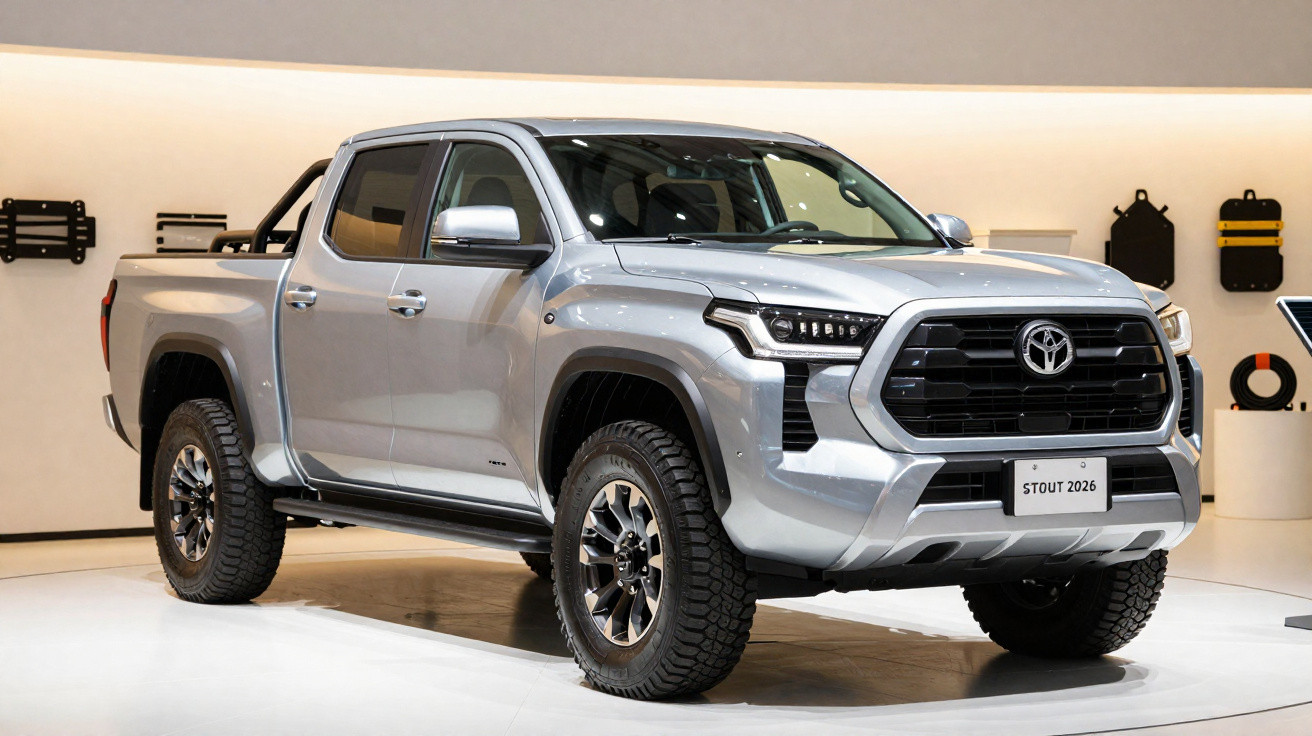 Silver 2026 Toyota Stout double cab pickup truck displayed indoors on white platform.