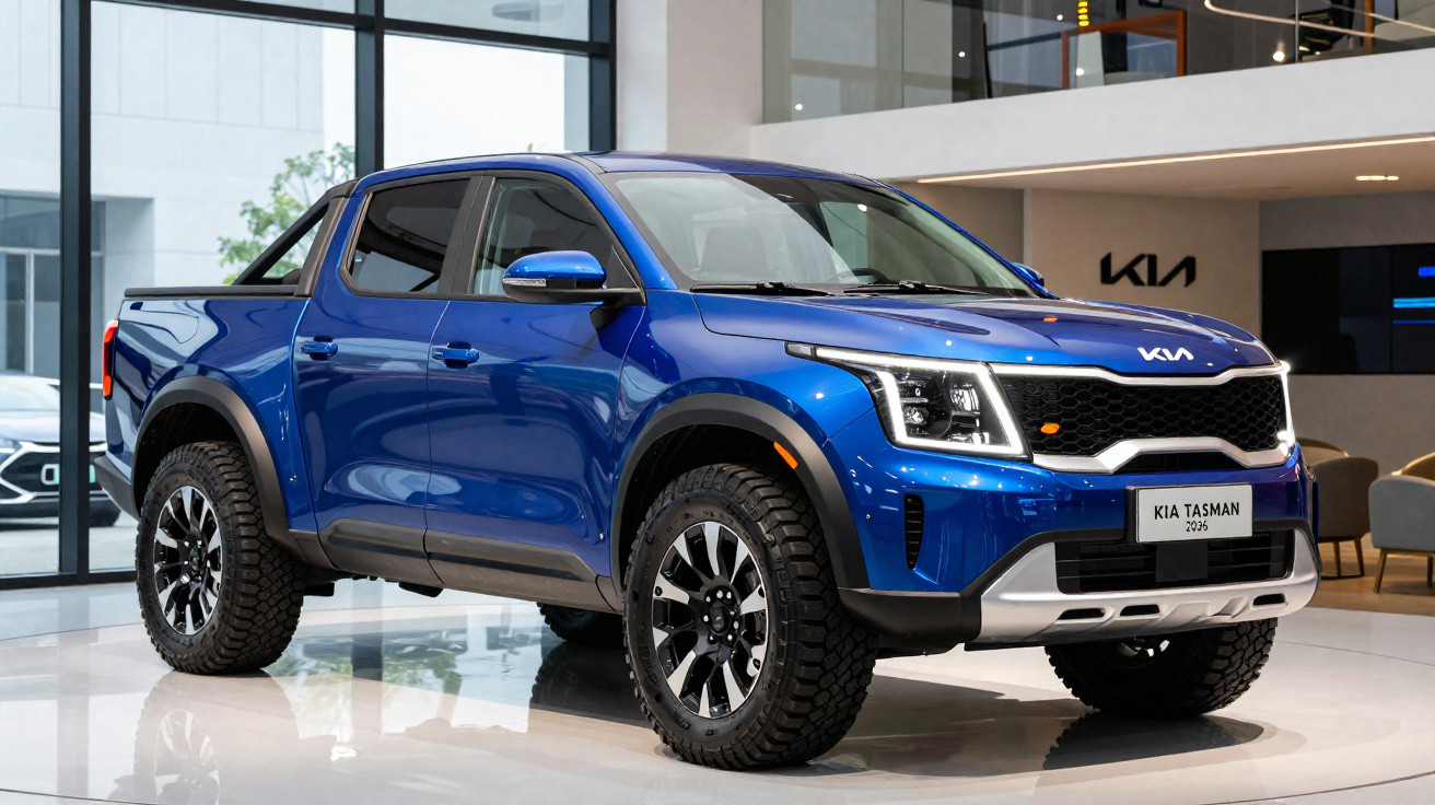 Blue Kia Tasman 2025 double cab pickup truck displayed indoors with chunky off-road tyres.