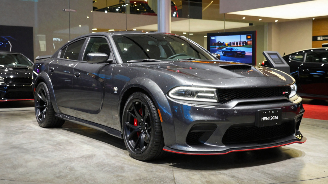 Grey Dodge Charger SRT with red accents displayed indoors on a polished concrete floor.
