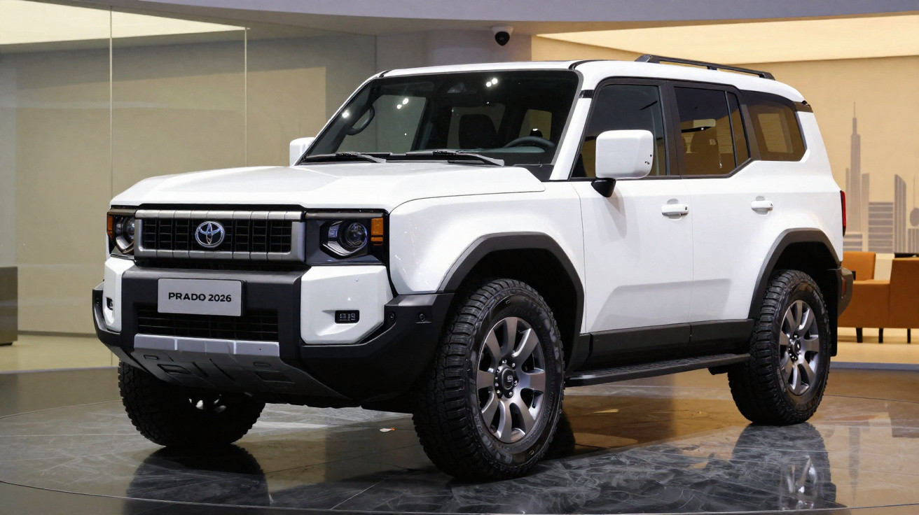 White 2026 Toyota Prado SUV showcased indoors on a reflective floor with modern cityscape backdrop.