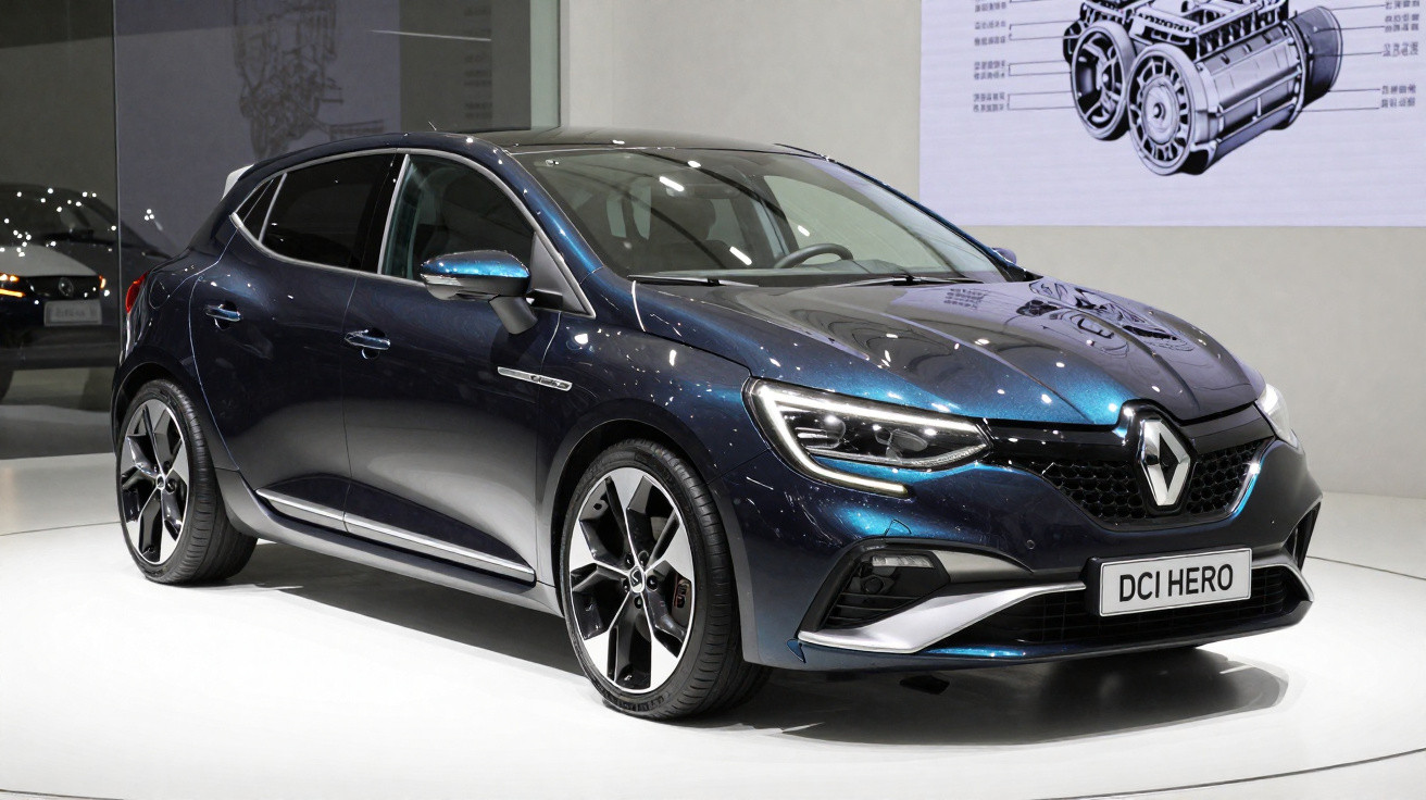 Dark metallic blue Renault hatchback car displayed indoors with futuristic engine diagram in the background