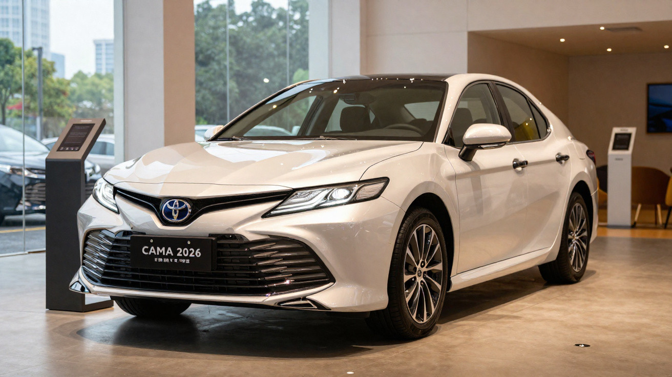 White Toyota Camry 2026 model displayed indoors with modern showroom background and glass walls.