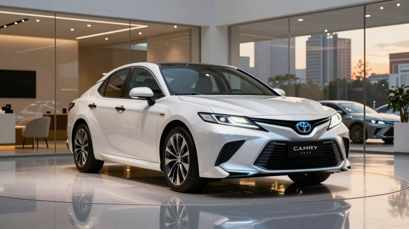White 2023 Toyota Camry sedan displayed indoors with reflective floor and modern glass background.
