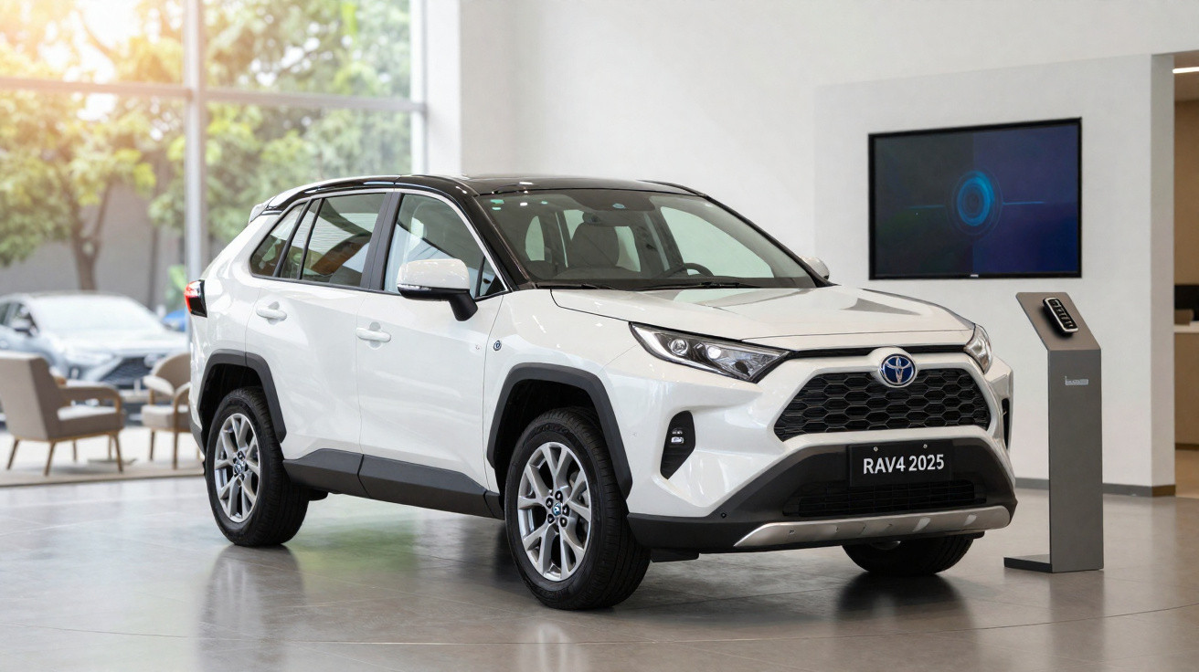 White 2025 Toyota RAV4 SUV displayed indoors with black roof and modern showroom background.