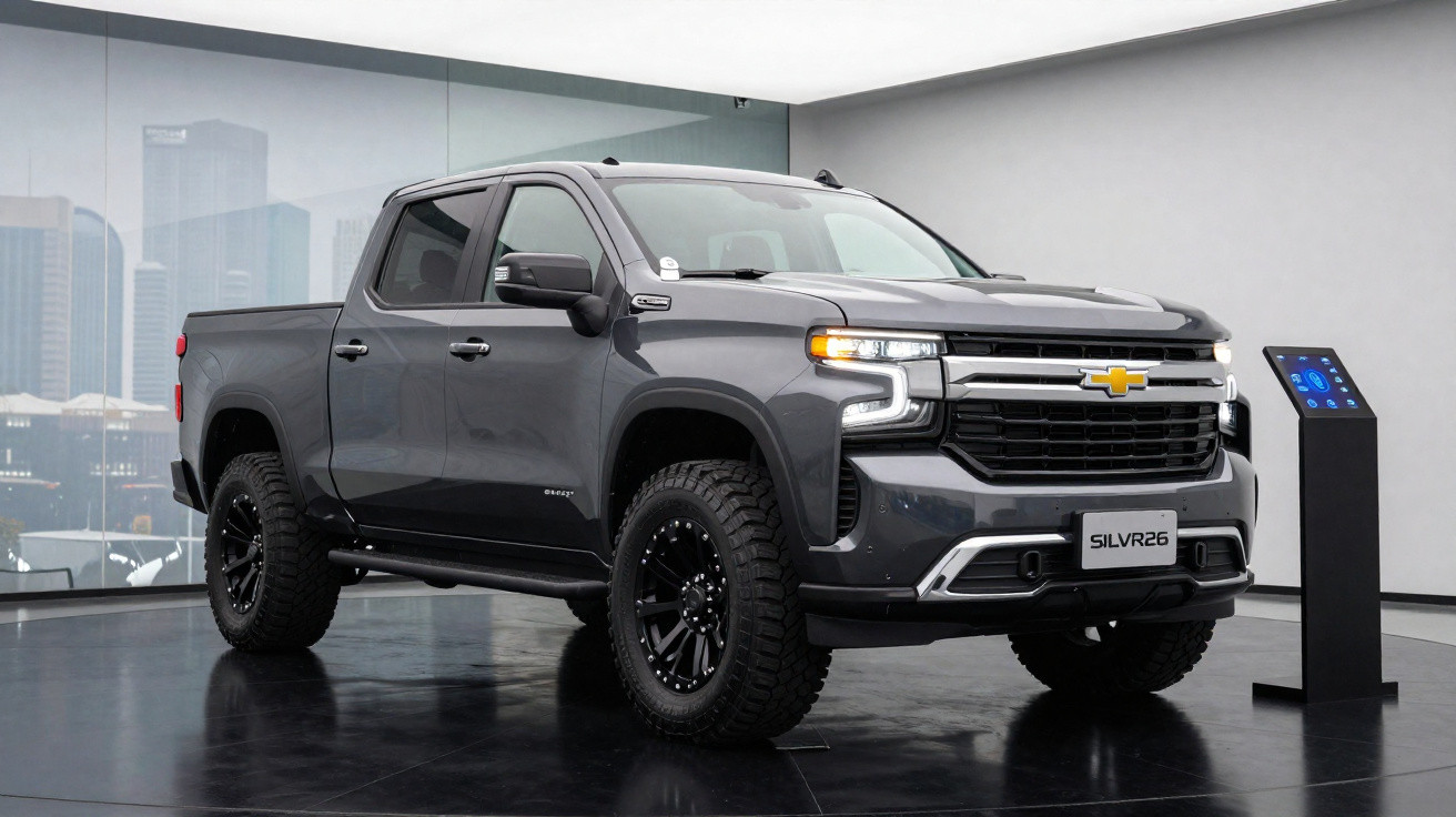 Dark grey Chevrolet Silverado pickup truck displayed indoors with modern cityscape backdrop and information stand.
