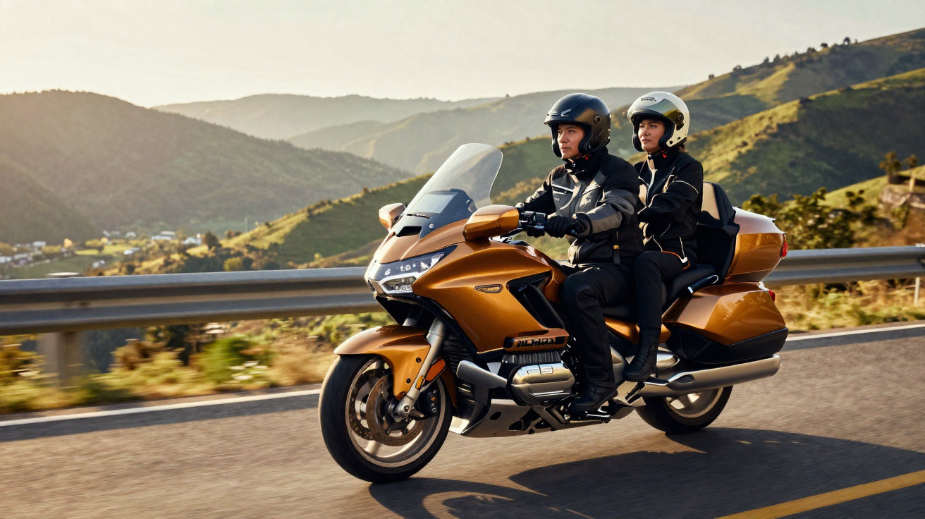 Two motorcyclists wearing helmets ride a golden touring motorcycle on a mountain road at sunset.