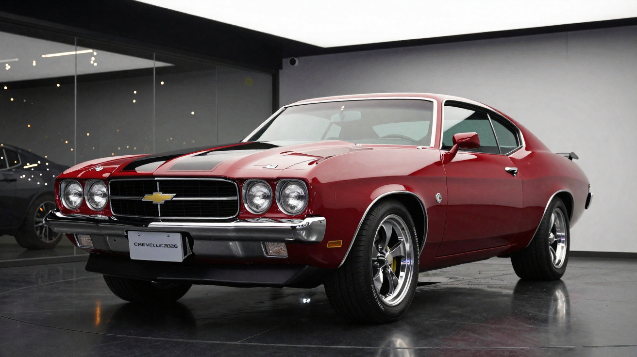 Red classic Chevrolet Chevelle car with black stripes displayed indoors on a reflective floor
