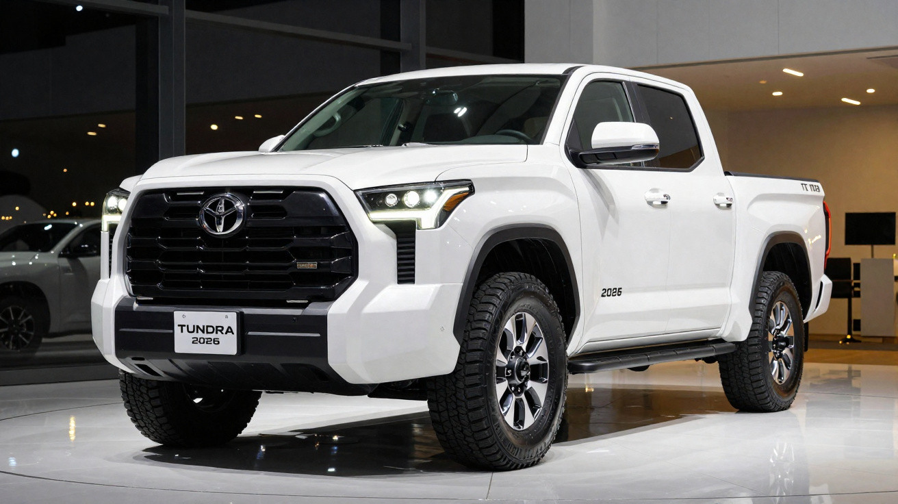 White 2026 Toyota Tundra pickup truck on display in a showroom with modern lighting.