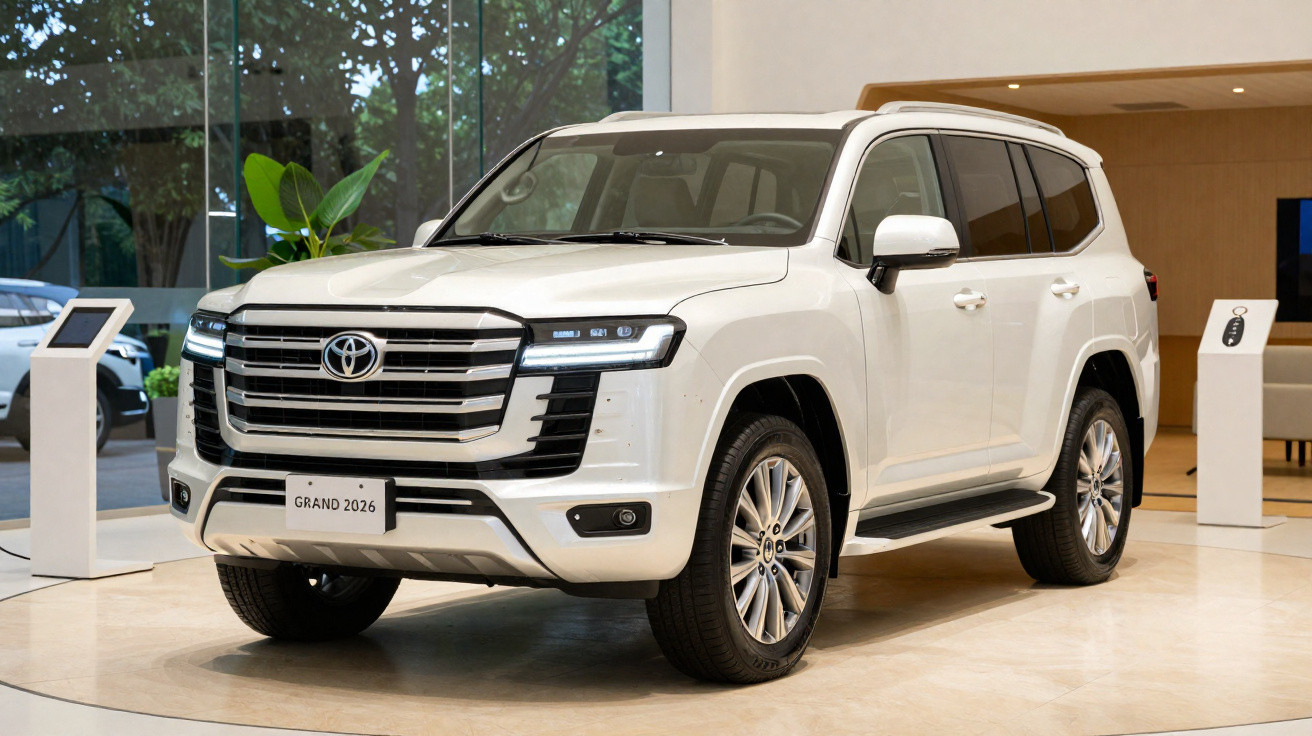 White Toyota Grand 2026 SUV displayed indoors with modern design and LED headlights.