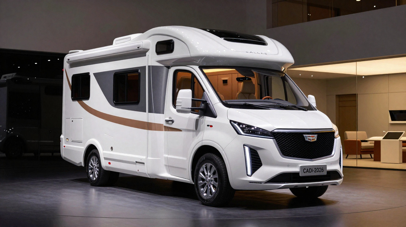 White modern motorhome with black and brown accents parked in a showroom with indoor lighting.