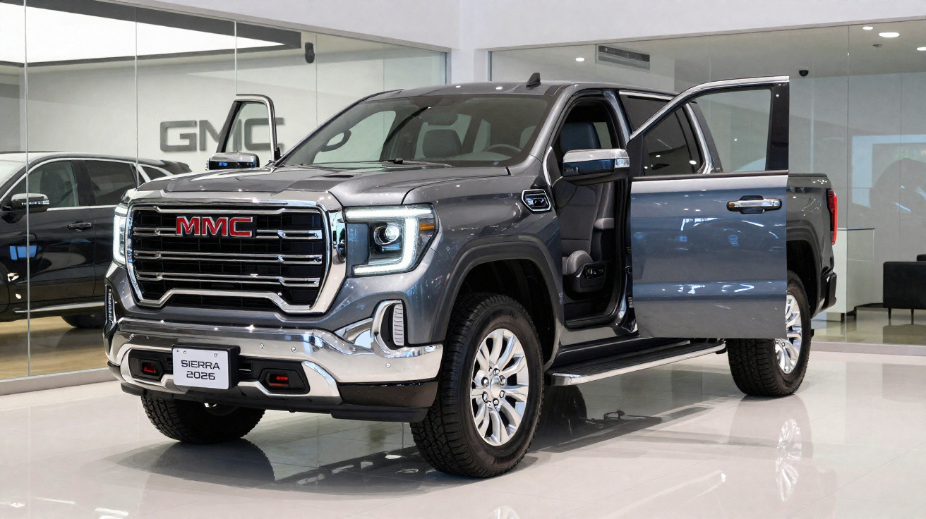 Grey GMC Sierra 2025 pickup truck with open front doors displayed in a bright showroom.