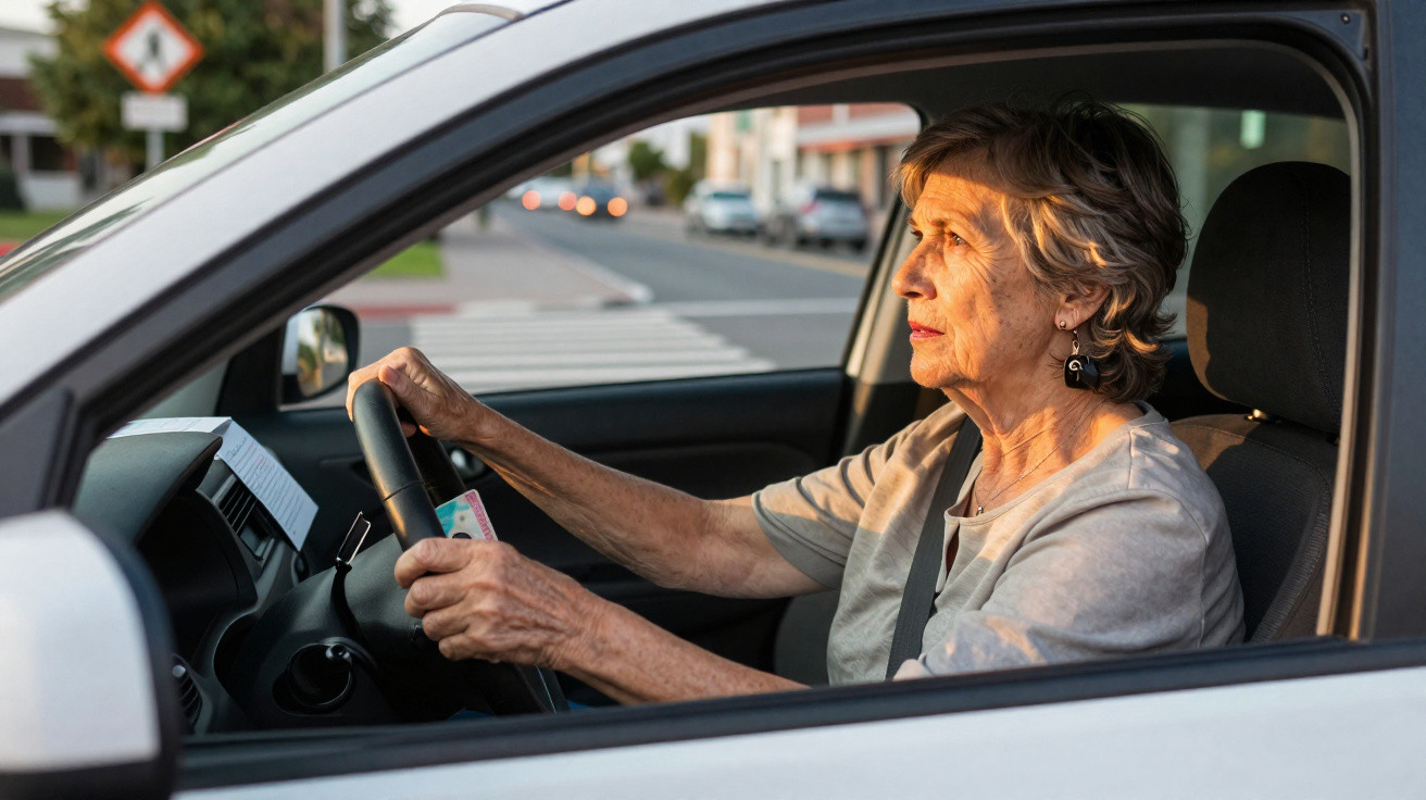 Elderly woman focused on driving a car, holding the steering wheel with both hands, wearing a seatbelt.