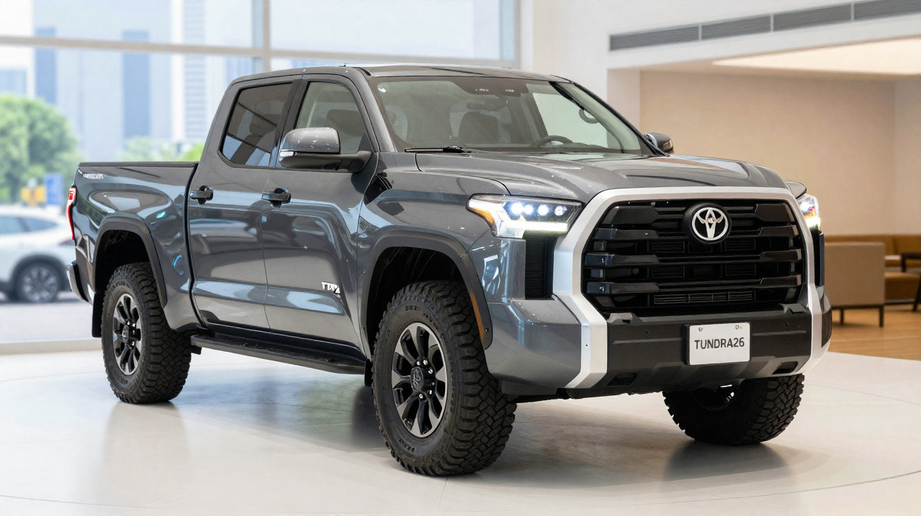 Grey Toyota Tundra pickup truck displayed indoors with off-road tyres and modern LED headlights.