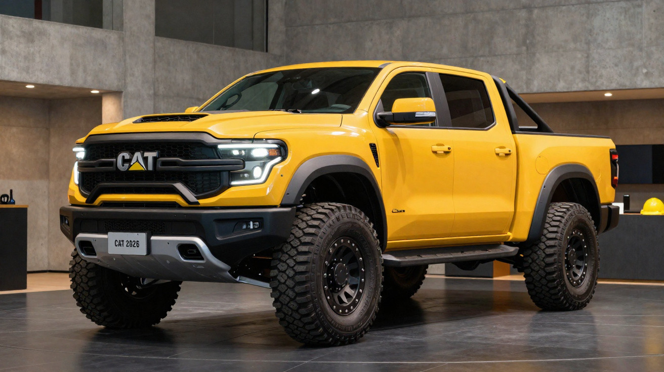 Yellow CAT 2026 pickup truck with large off-road tyres displayed indoors on a polished floor.