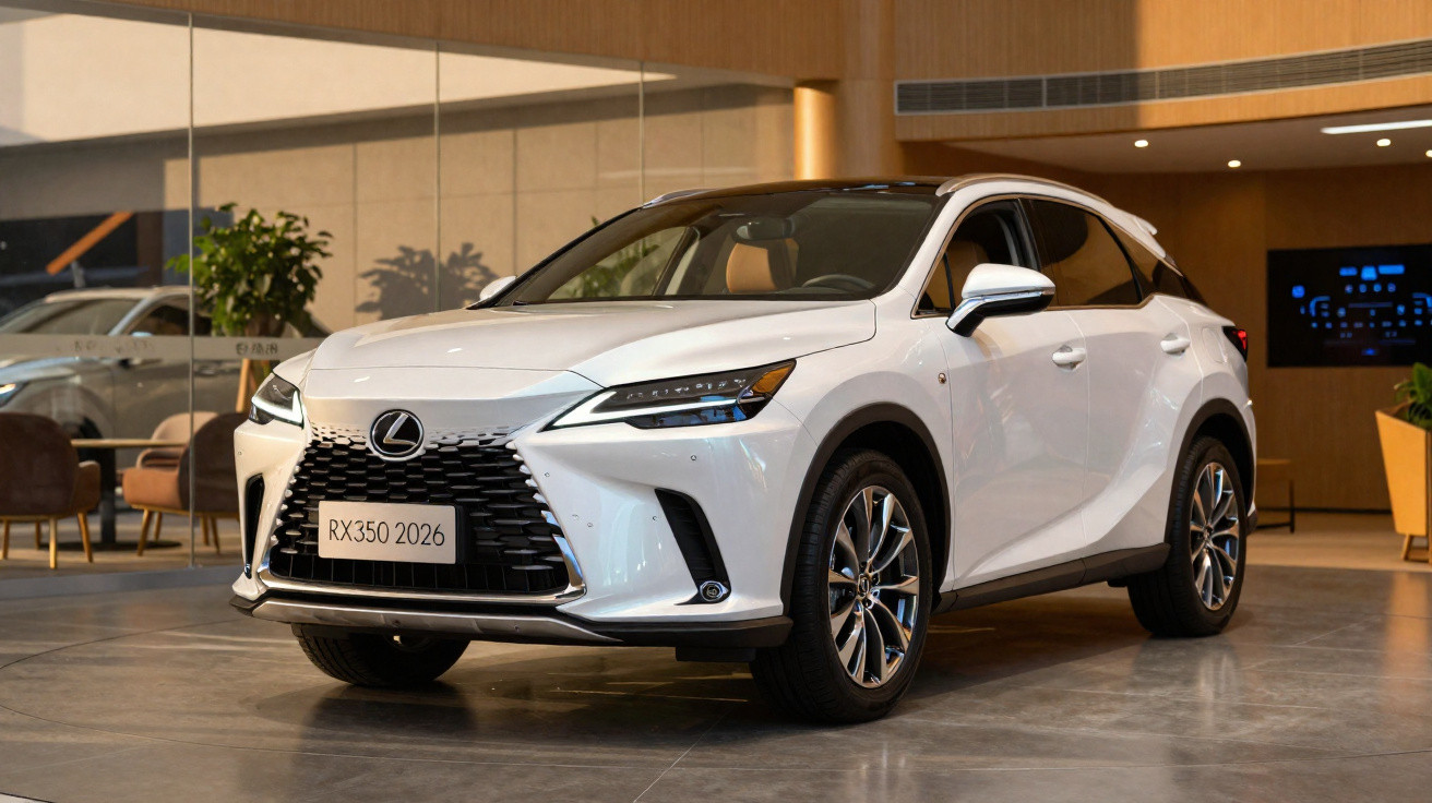White 2026 Lexus RX350 luxury SUV displayed indoors on a showroom floor with glass walls and modern decor.
