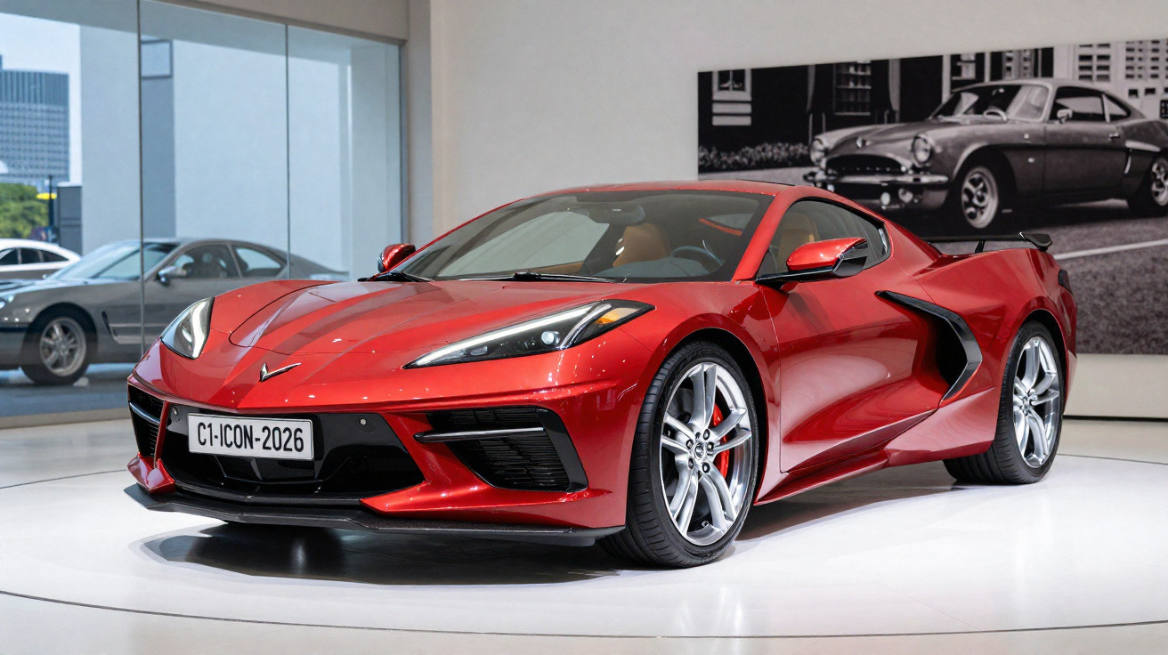Red Chevrolet Corvette sports car displayed indoors on a white platform with a black and white car photo in the background.