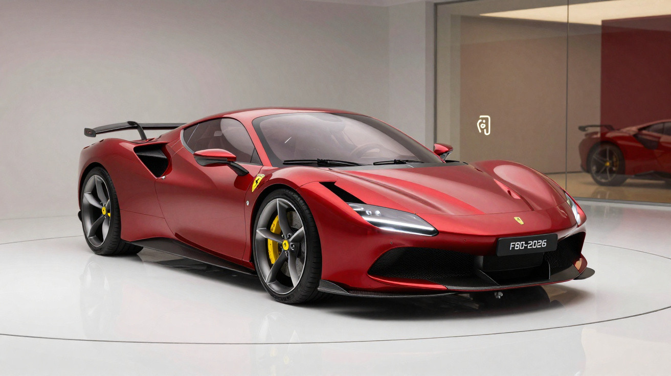 Red Ferrari sports car with yellow brake calipers in a white showroom with glass walls.