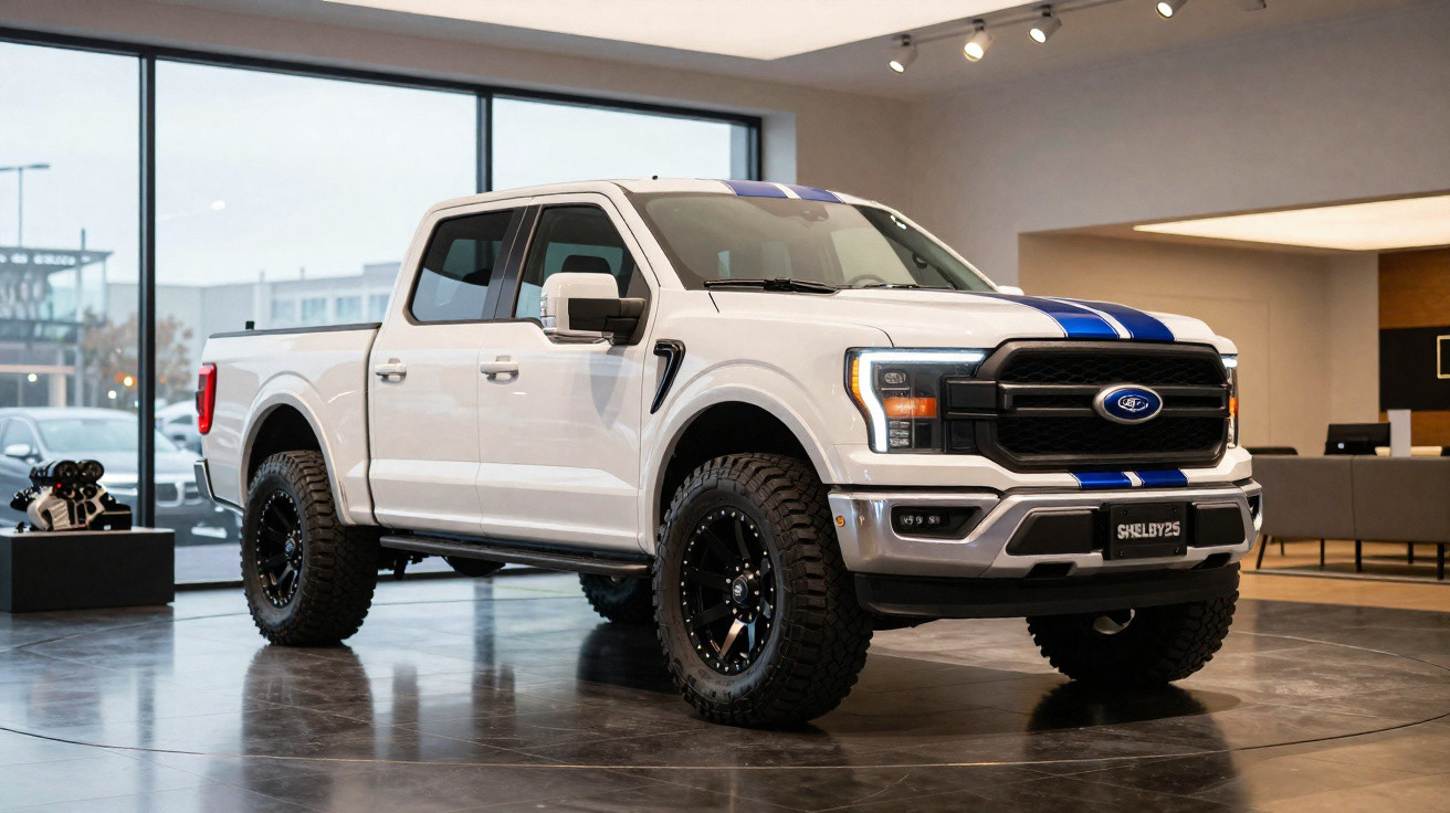 White Ford Shelby F-150 truck with blue racing stripes displayed indoors on a shiny floor