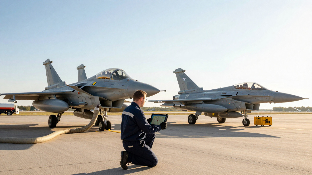 Man kneeling on runway using tablet near two parked grey fighter jets under clear sky