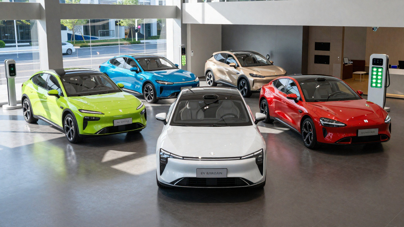 Five brightly coloured electric cars displayed indoors with charging stations and large windows in the background.