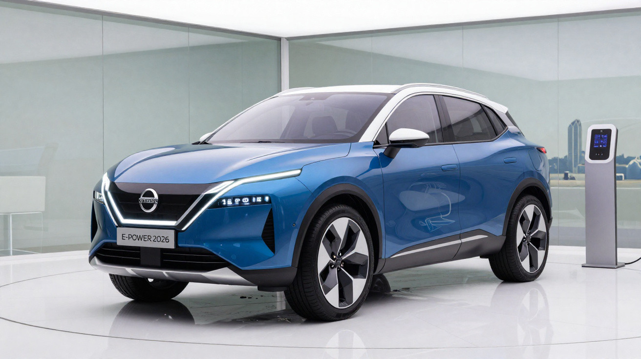 Blue Nissan E-Power electric SUV displayed in a modern showroom with charging station in the background.