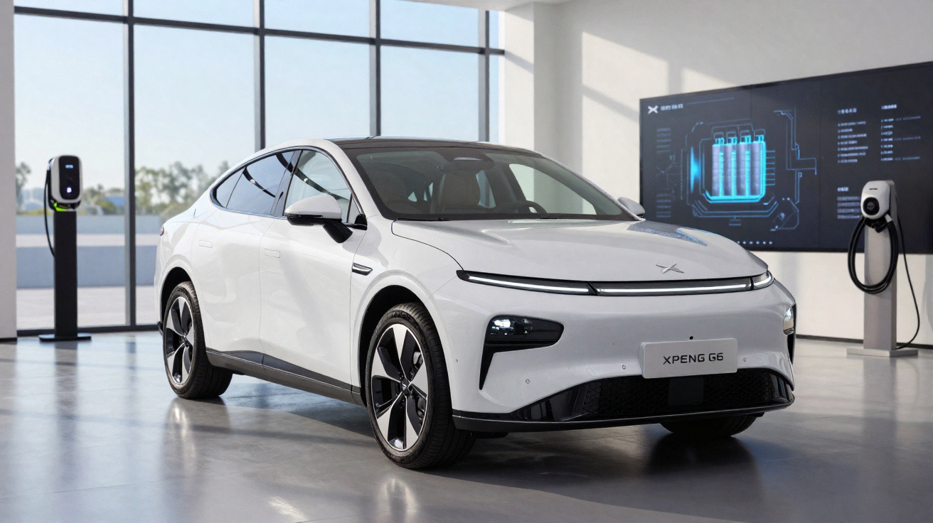 White XPeng G6 electric car displayed indoors near charging stations and digital battery information screen