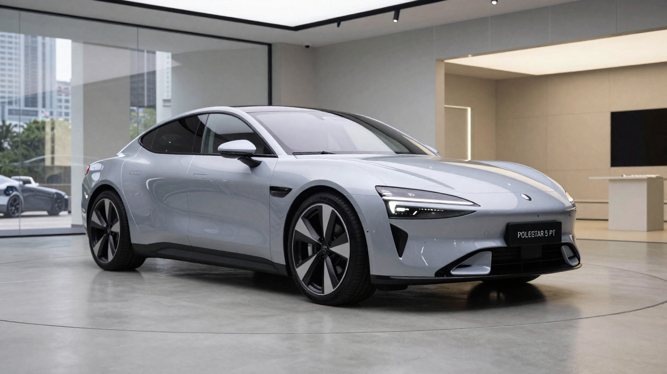 Silver Polestar 5 electric luxury car parked in a modern showroom with large windows and minimalist decor.