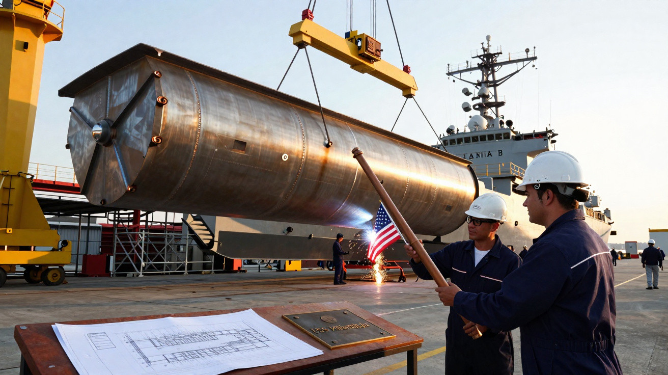 Workers in hard hats handle an American flag as a large metal cylinder is lifted by a crane at a shipyard.