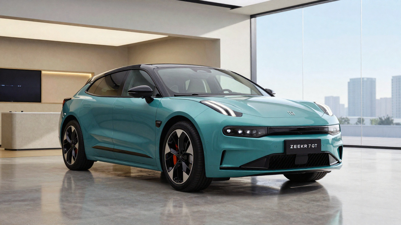 Sleek turquoise Zeekr 7 GT electric car displayed in a modern showroom with large windows and city skyline view.