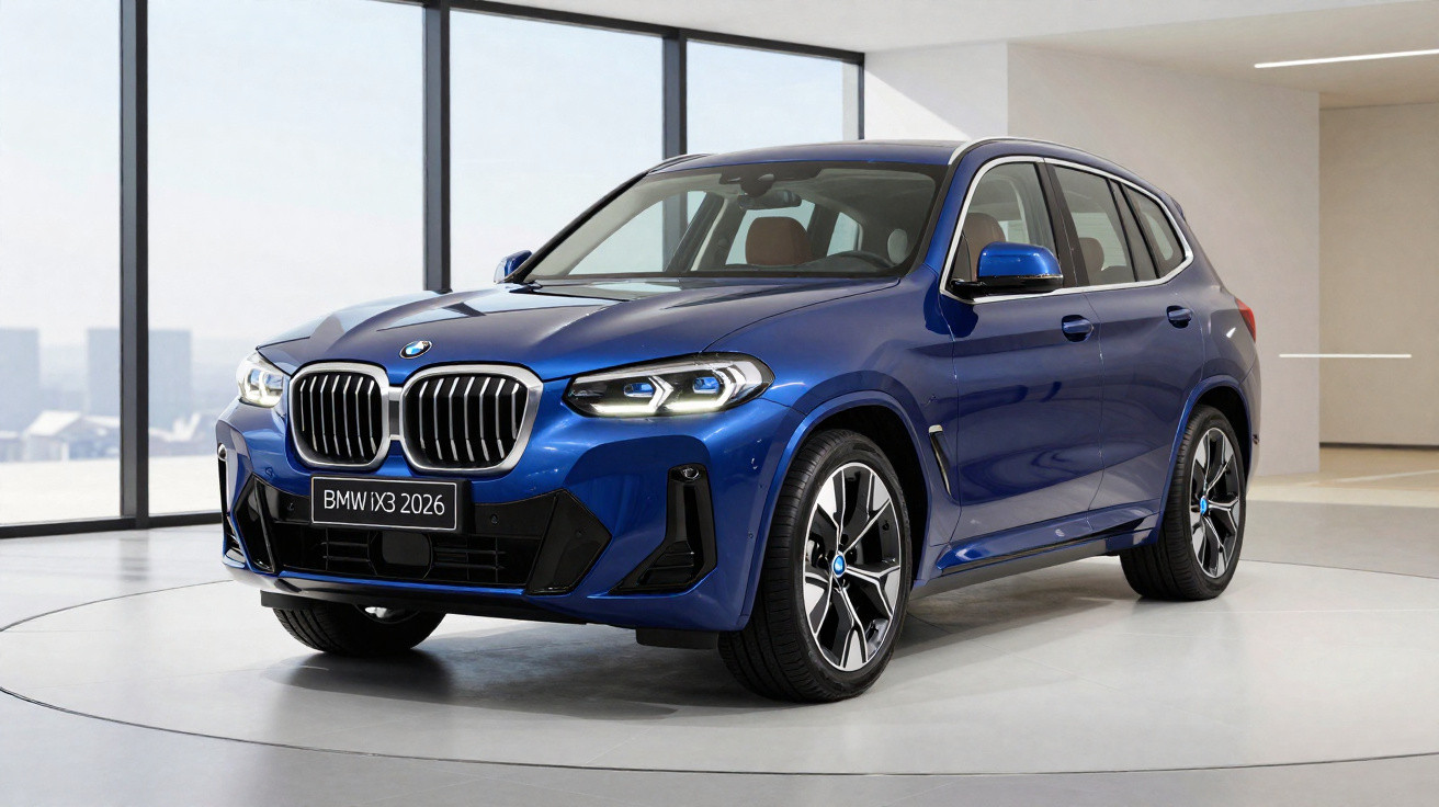 Blue BMW iX3 2026 electric SUV displayed indoors with large windows and cityscape background.