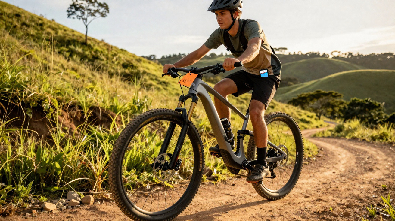Man wearing a helmet riding an electric mountain bike on a dirt trail in a green hilly landscape.