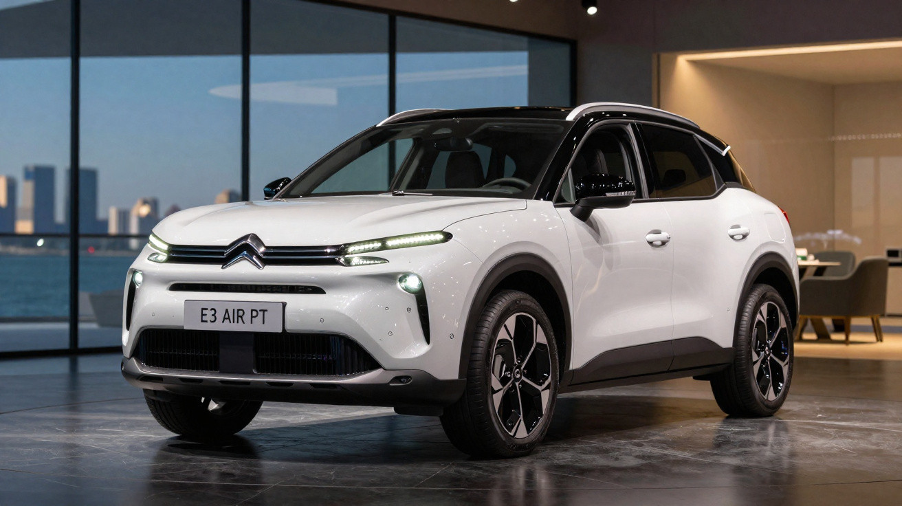 White Citroën E3 Air PT electric SUV displayed indoors with city skyline visible through large windows.