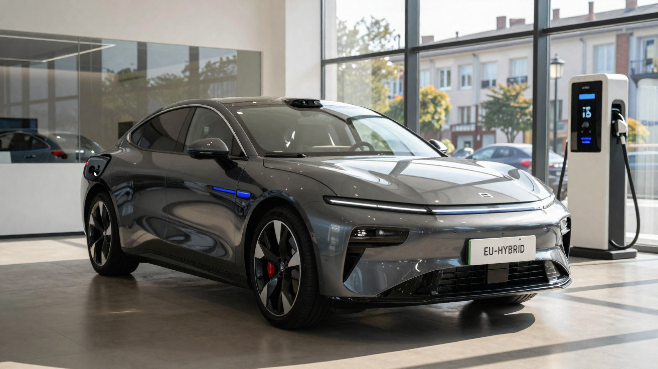Sleek grey electric hybrid car parked indoors near a charging station with large windows in the background.