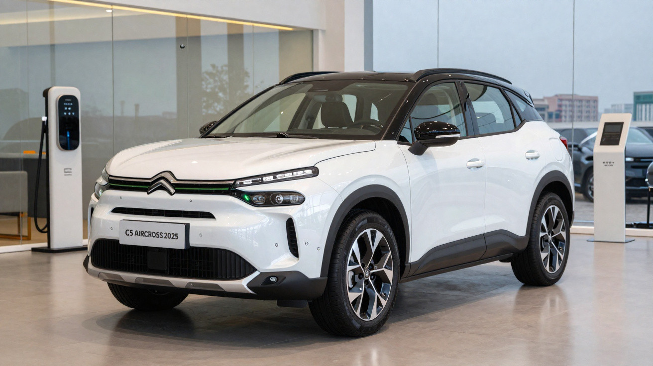 White 2025 Citroën C5 Aircross SUV displayed indoors near electric charging stations.