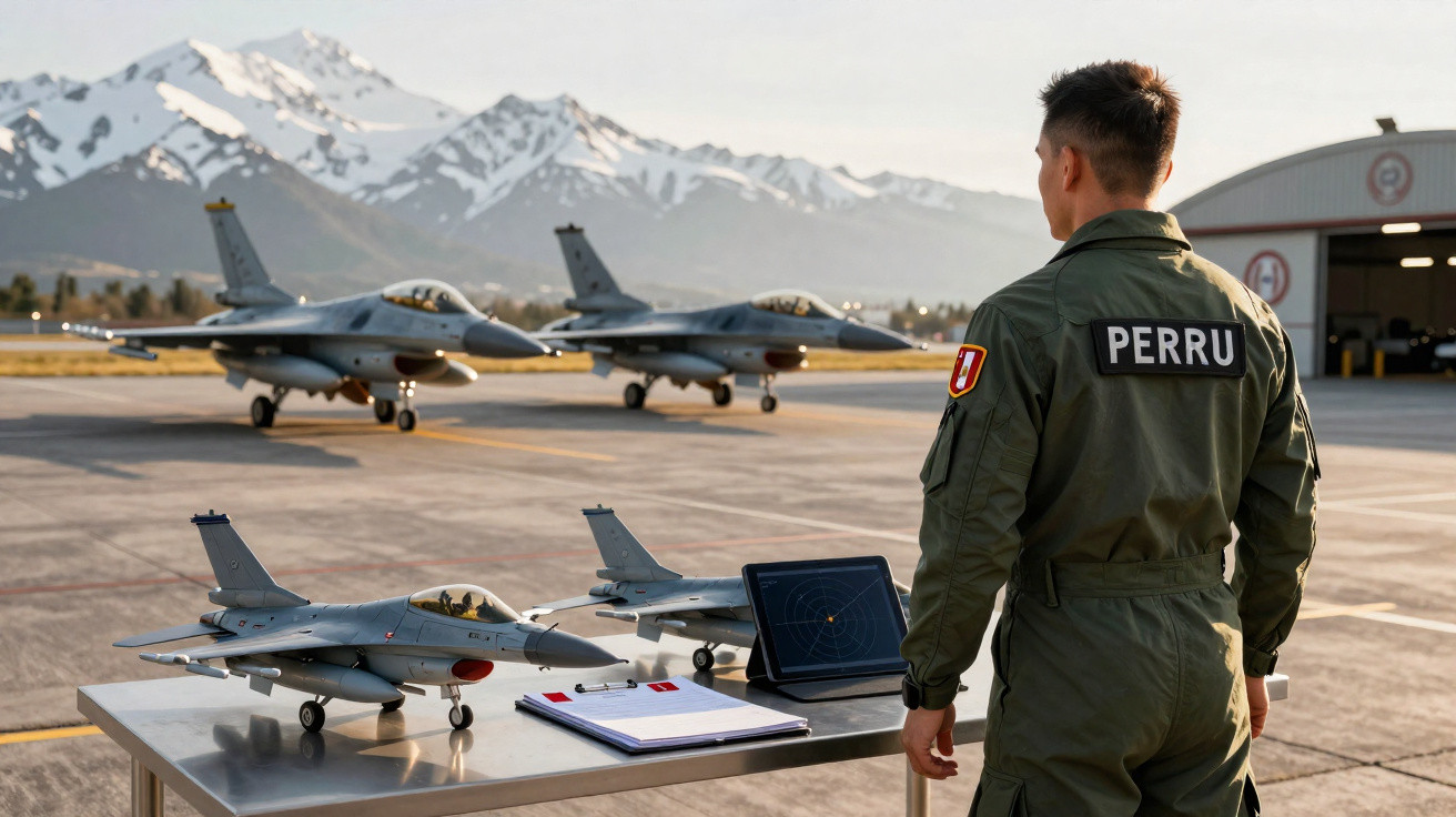 Person in flight suit standing by table with model fighter jets and radar screen on an airbase with real jets and snowy mount