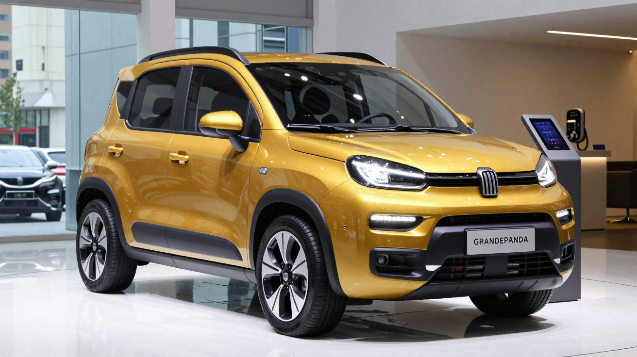 Yellow Grande Panda compact SUV displayed indoors with modern lighting and digital kiosk in background.