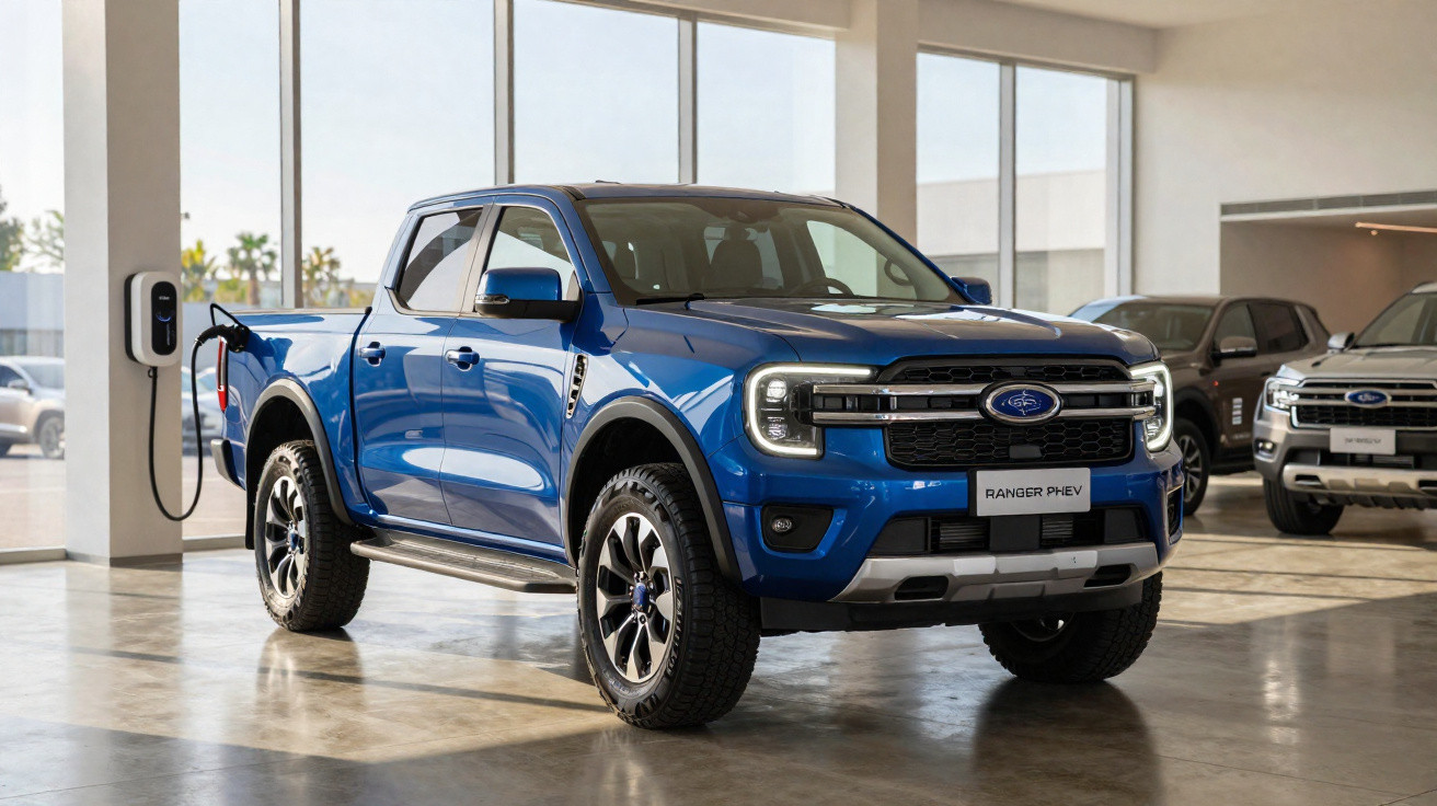 Blue Ford Ranger PHEV pickup truck charging indoors in a bright showroom with large windows.