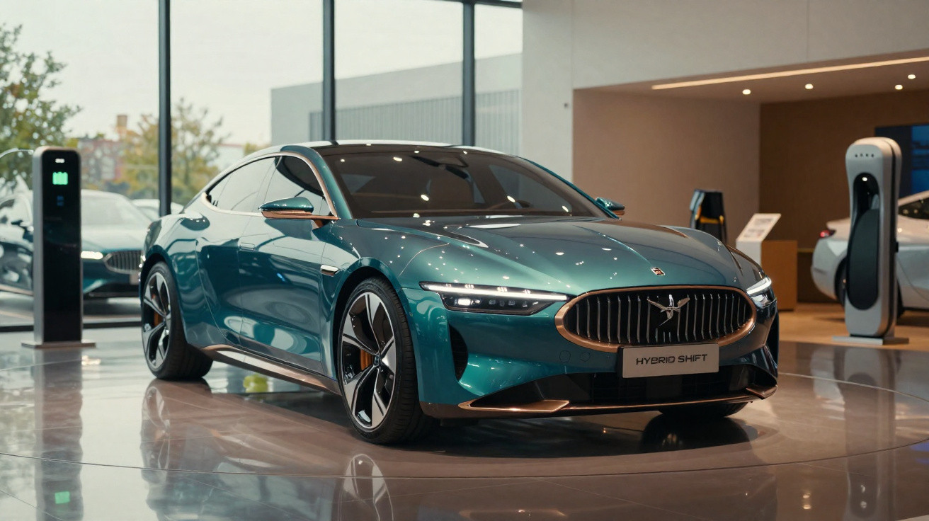 Green luxury electric hybrid car displayed indoors near charging stations