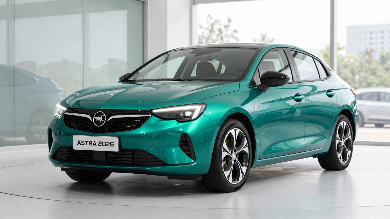 Green Opel Astra 2026 model hatchback displayed indoors with black roof and alloy wheels.