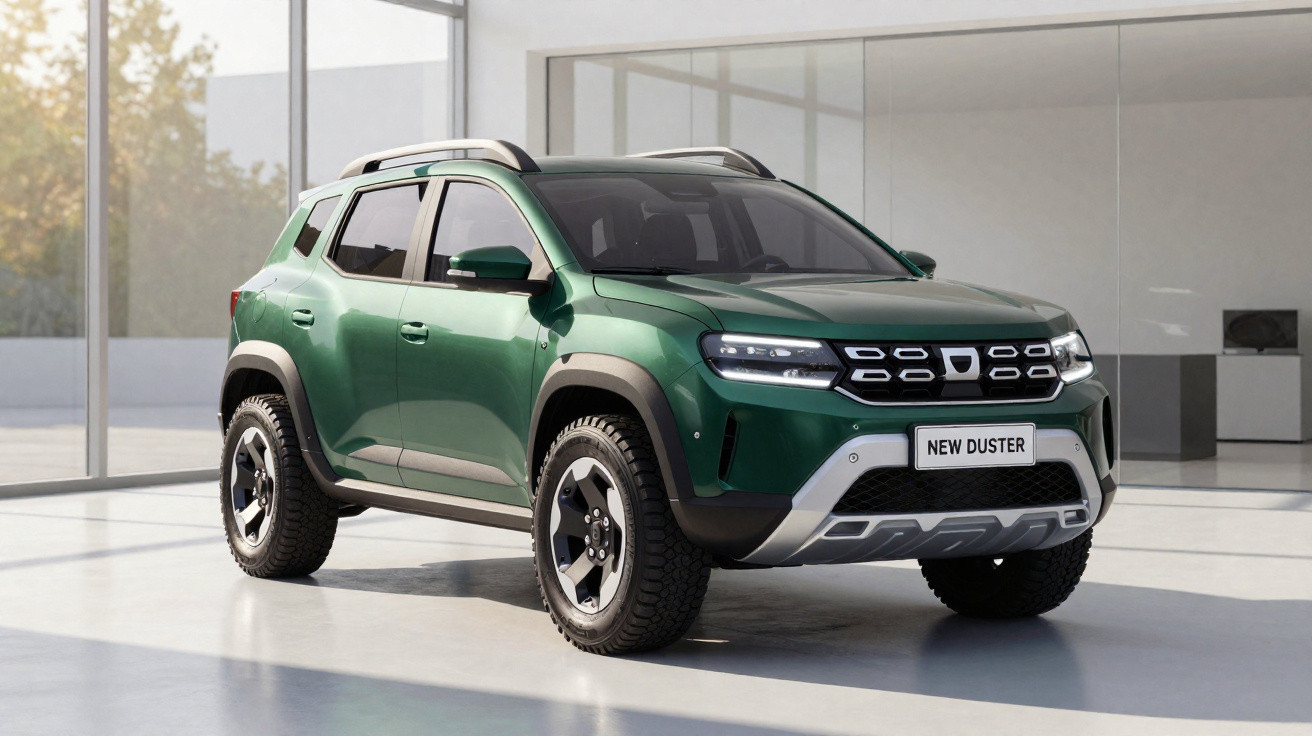 Green Dacia New Duster SUV parked indoors in a modern, minimalistic showroom with large windows.