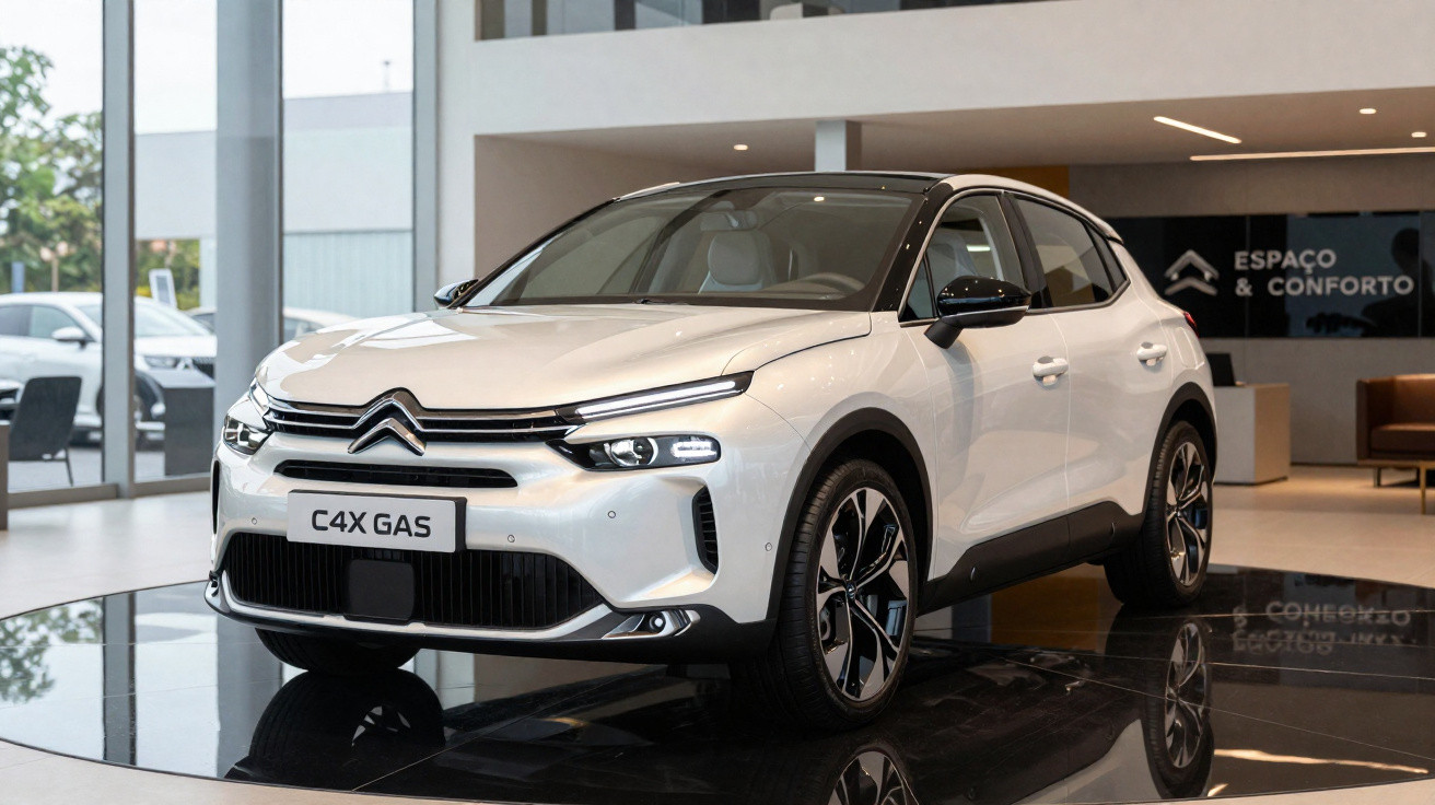White Citroën C4X Gas hatchback displayed inside a modern showroom with polished floors.