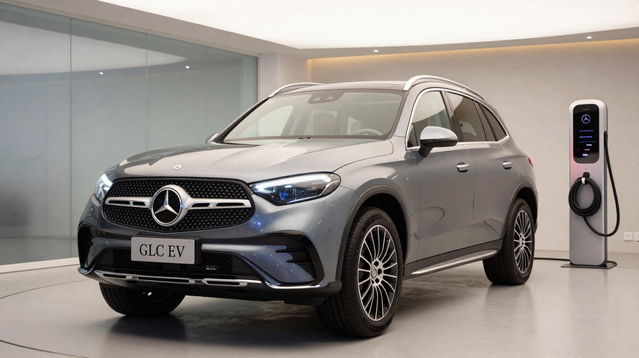 Silver Mercedes-Benz GLC EV SUV parked indoors next to a charging station with a digital display.