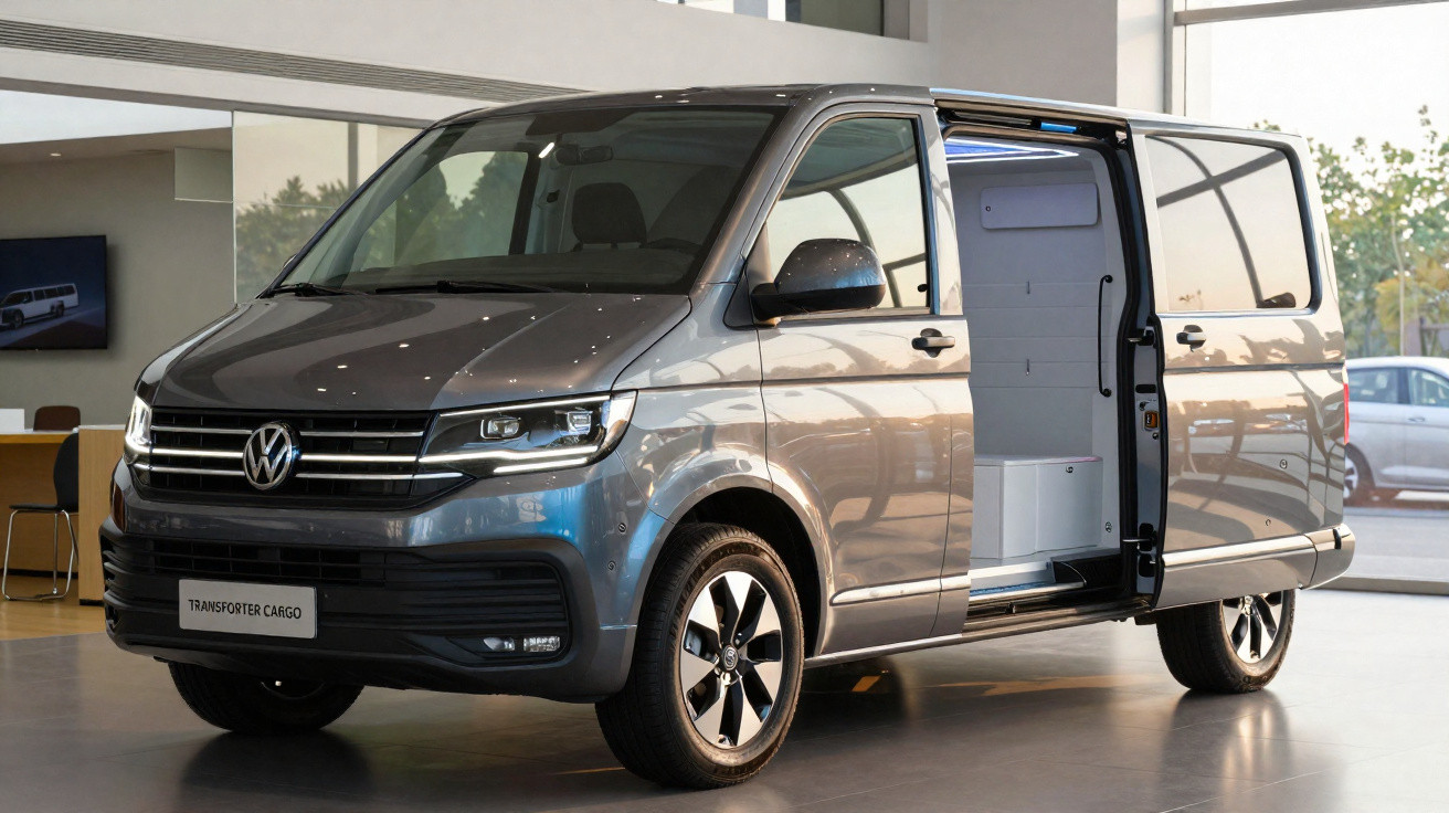 Grey Volkswagen Transporter Cargo van with sliding side door open displayed indoors at showroom