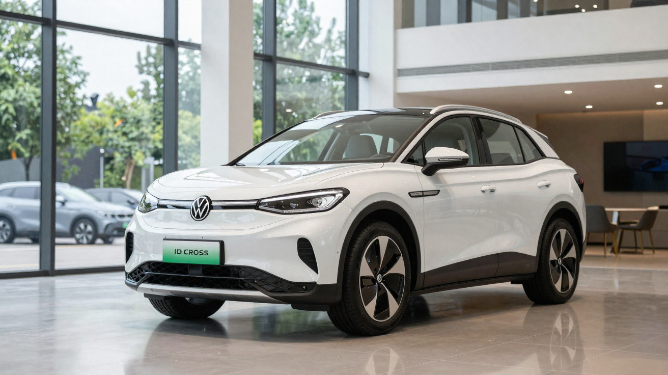 White Volkswagen ID Cross electric car displayed in a modern showroom with large windows and polished floors.