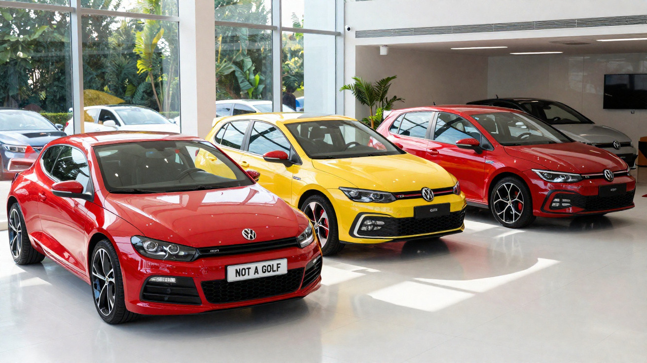 Three Volkswagen cars in red and yellow colours displayed inside a bright dealership showroom.