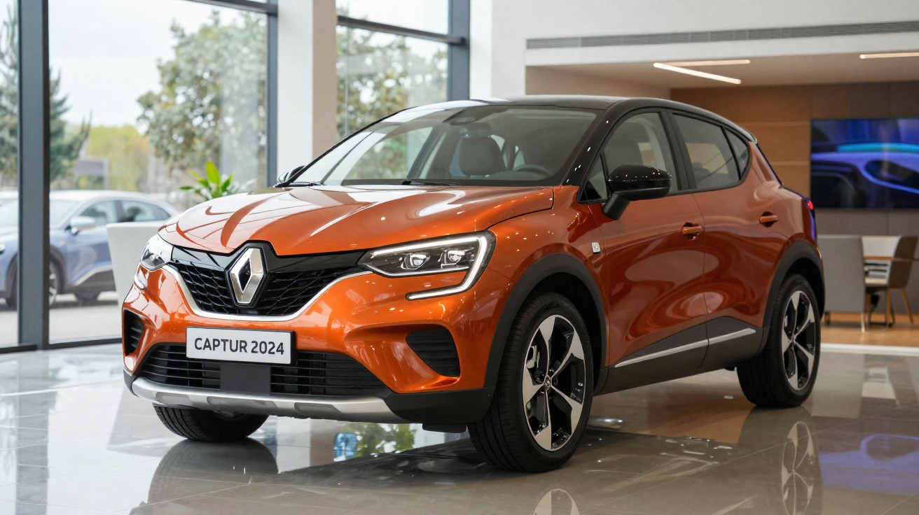 Orange Renault Captur 2024 model SUV displayed inside a modern showroom with large windows.