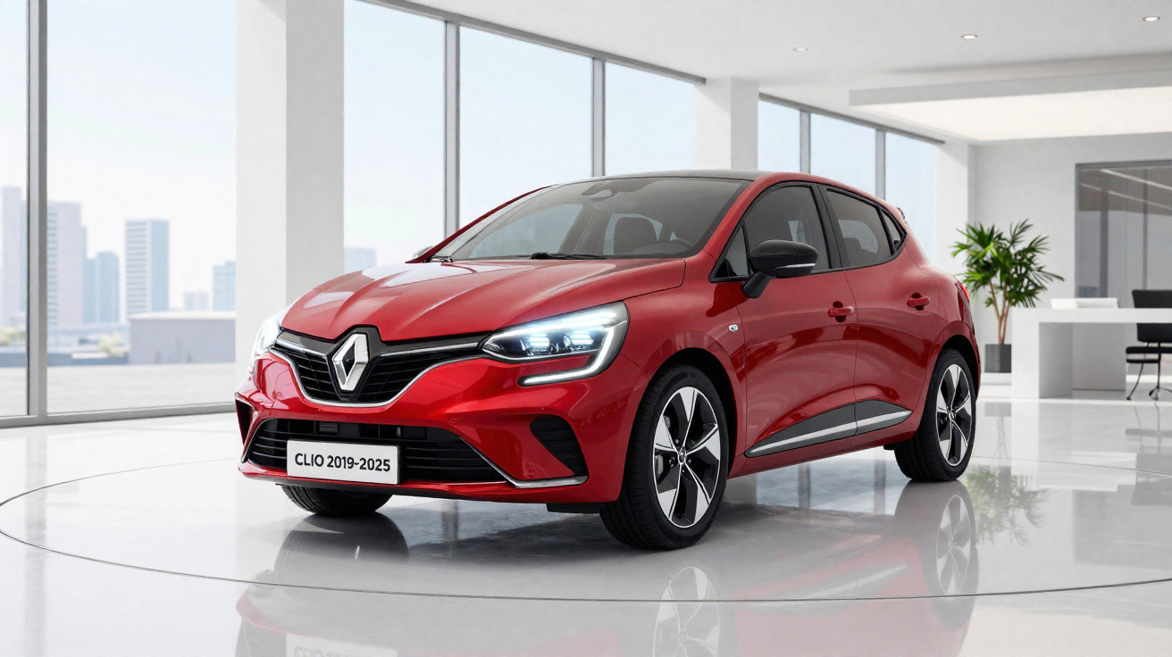 Red Renault Clio hatchback 2019-2025 model displayed in a modern showroom with large windows and city view.