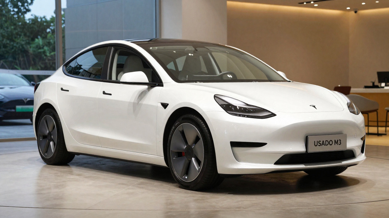 White Tesla Model 3 electric car displayed indoors with modern interior and large glass window backdrop.
