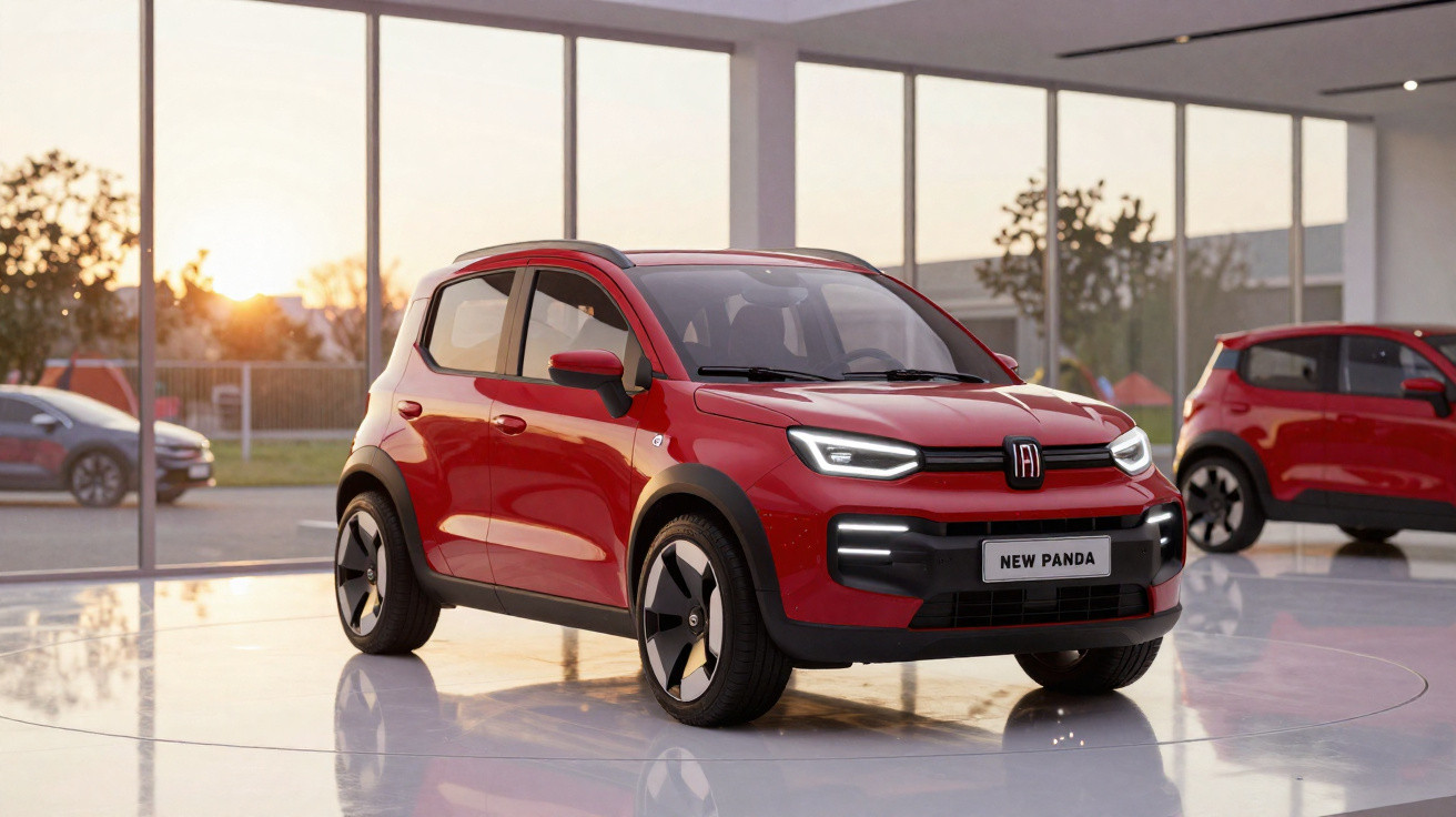 Red Fiat New Panda electric car displayed in a modern showroom with large windows at sunset.