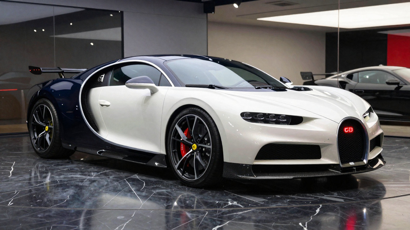 White and black Bugatti Chiron sports car with red brake calipers displayed indoors on a glossy floor